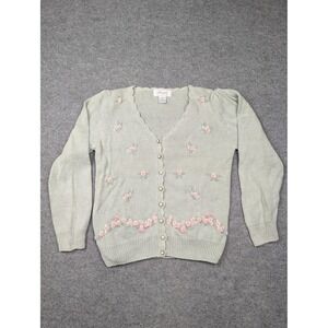 Vintage Margules Cardigan Womens Medium Green Floral Embroidered Knit Sweater
